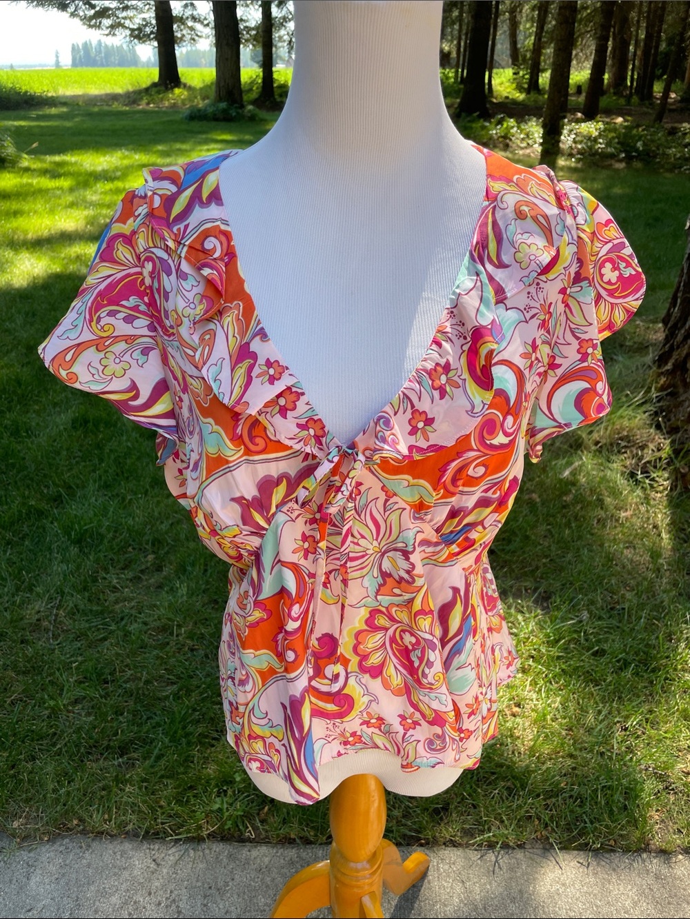 Rose + Olive brand Floral Paisley Ruffle V-Neck Women's Top - Pink & Orange L